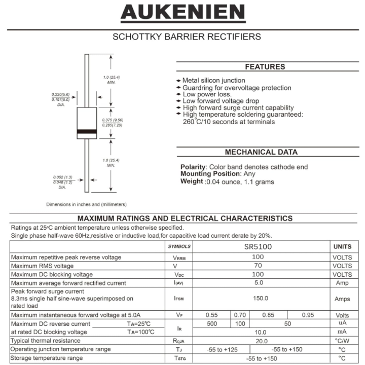AUKENIEN SR5100 Schottky Barrier Rectifier Diode 5A